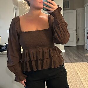 NWOT American Eagle Brown Smocked Ruffle Top